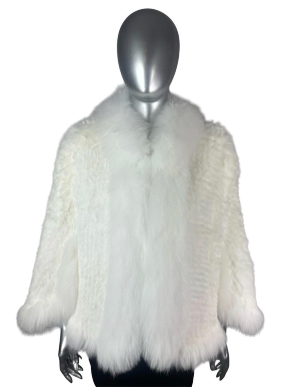 White Knitted REX RABBIT Cape w/White  FOX Trim, Size S/M, Certified Vintage Fur